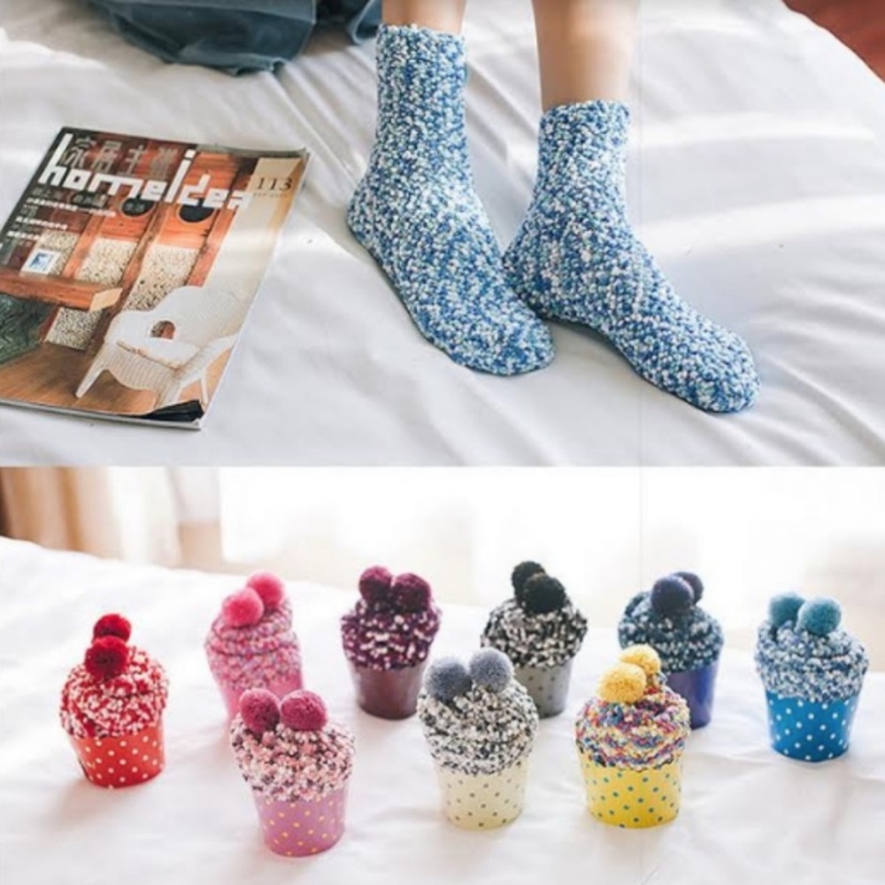 Fully Assembled Light Blue Cupcake Pom Pom Socks - Picture 2 of 3